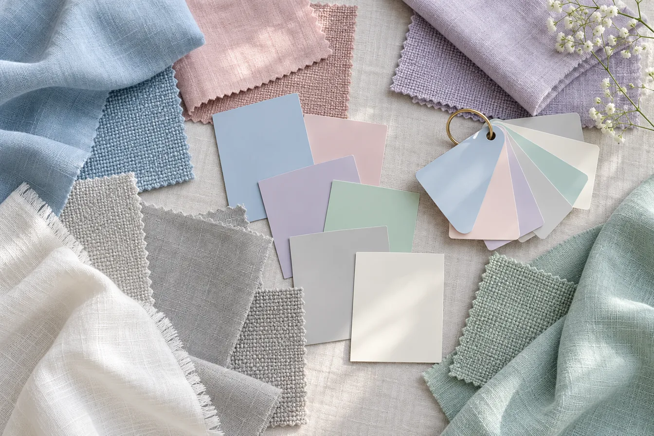 Fabric swatches and paint chips in the Light Summer color palette