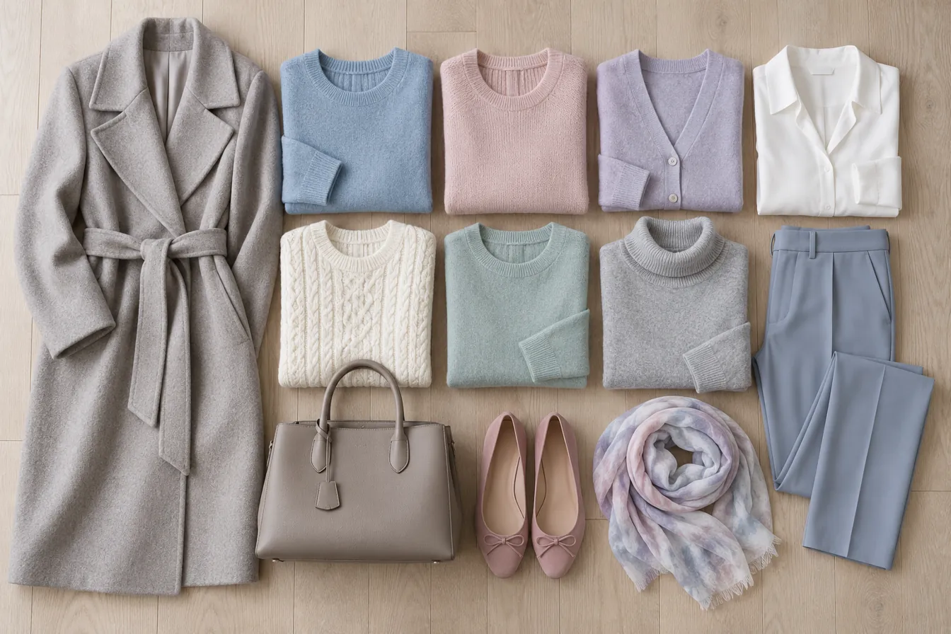Light Summer capsule wardrobe laid flat in palette colors