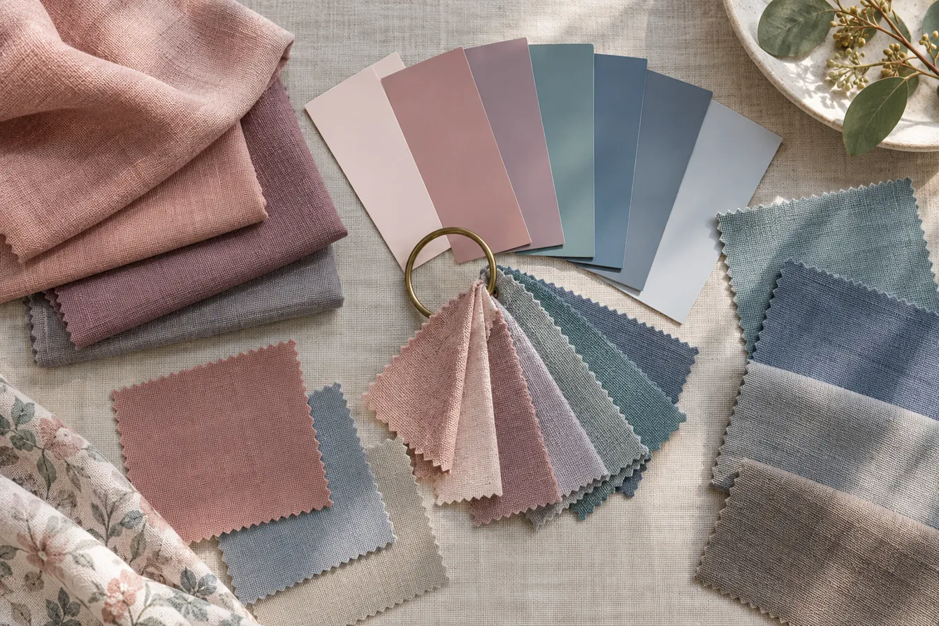 Fabric swatches and paint chips in the Soft Summer color palette