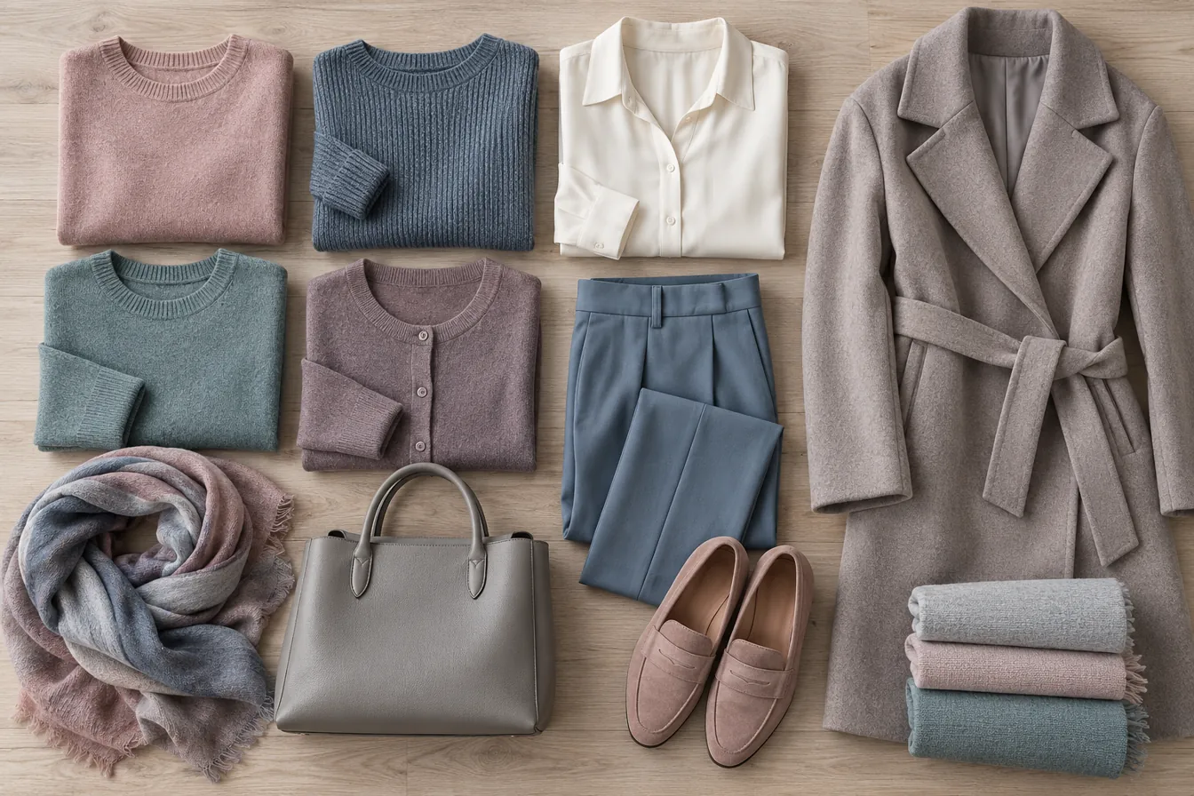 Soft Summer capsule wardrobe laid flat in palette colors