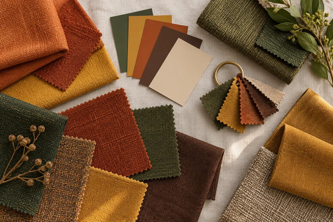 Fabric swatches and paint chips in the True Autumn color palette