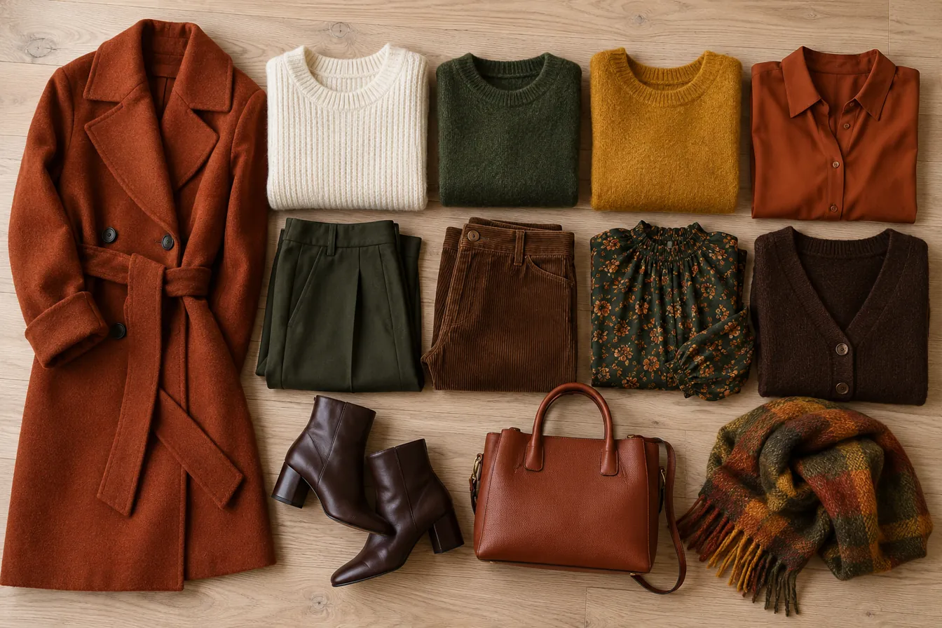True Autumn capsule wardrobe laid flat in palette colors