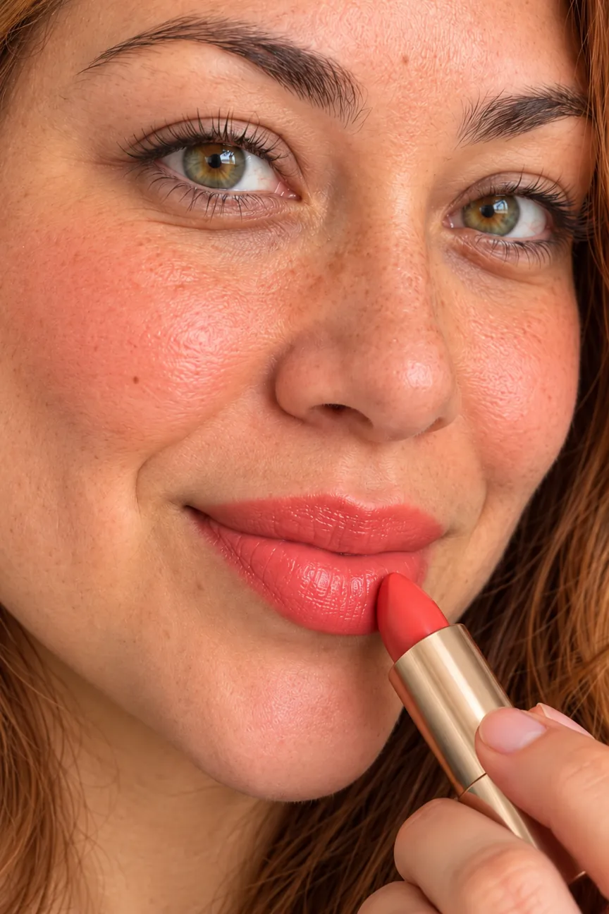 True Spring makeup: a woman with golden-copper hair and warm green eyes wearing lip and cheek colors from her palette