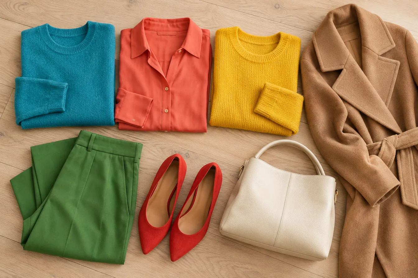 True Spring capsule wardrobe laid flat in palette colors