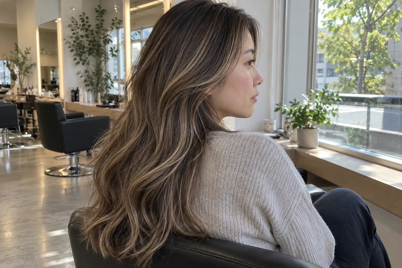 Back view of true summer hair with soft ash blonde balayage blended through cool mushroom brown hair