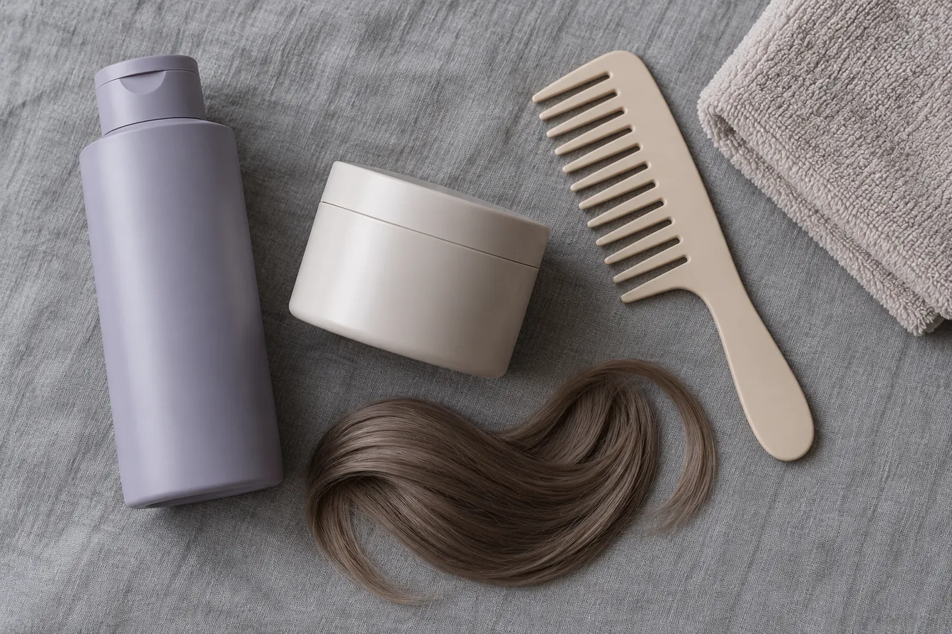 Toning shampoo, gloss and a cool ash brown hair swatch for true summer hair care