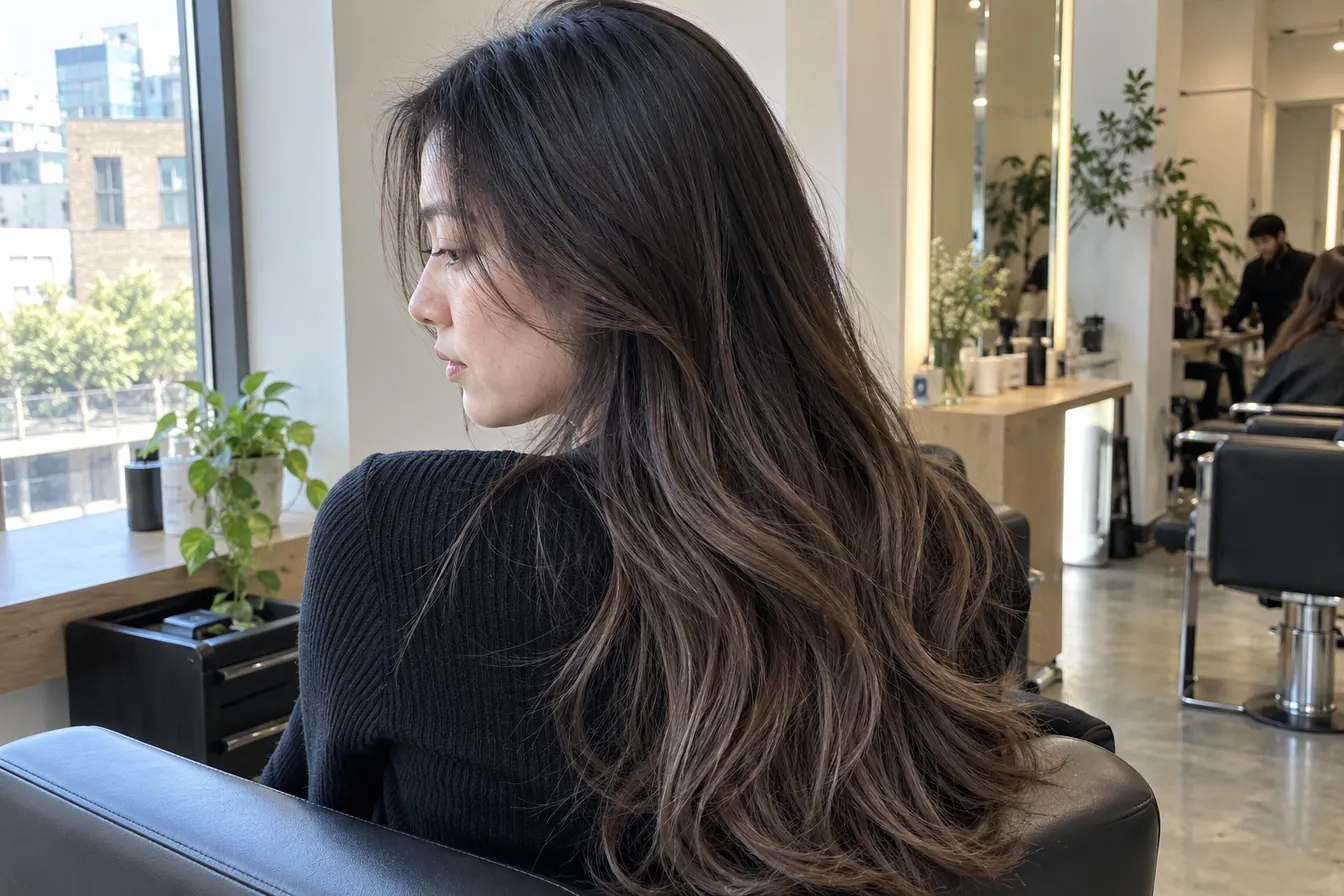 Back view of true winter hair with cool ash brown balayage blended through jet black hair