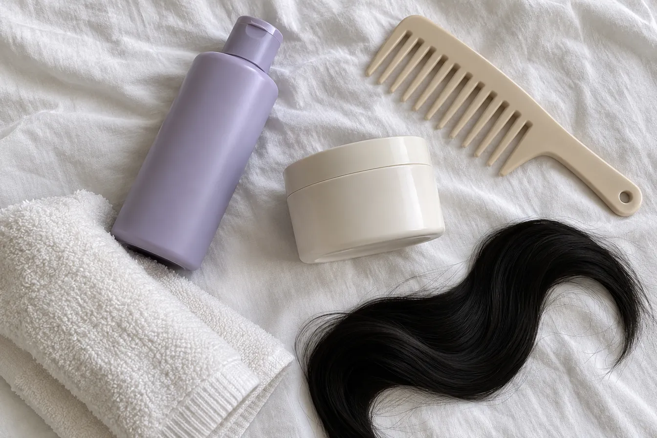 Toning shampoo, gloss and a jet black hair swatch for true winter hair care