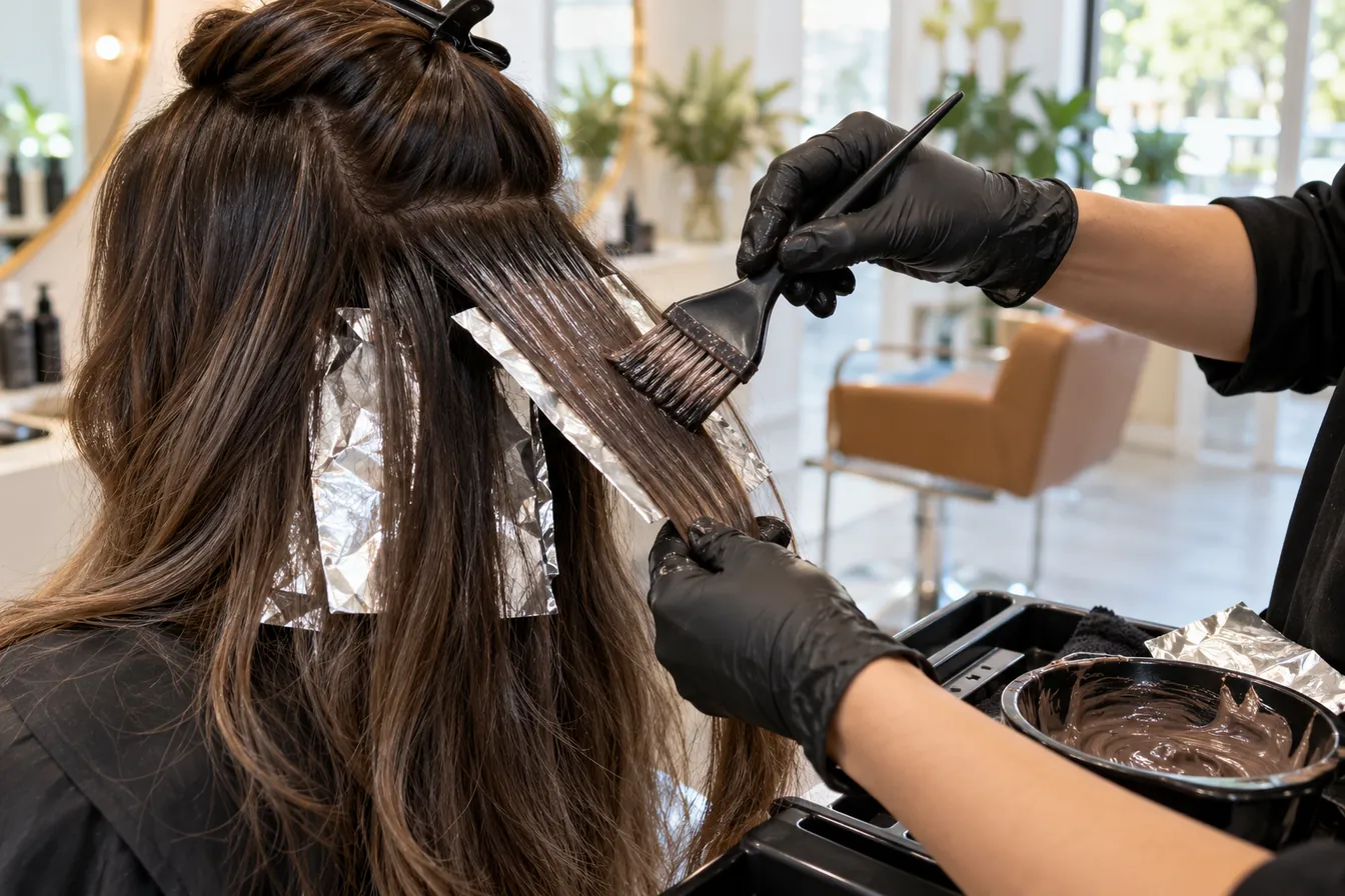 Colorist applying a cool espresso hair color in a salon