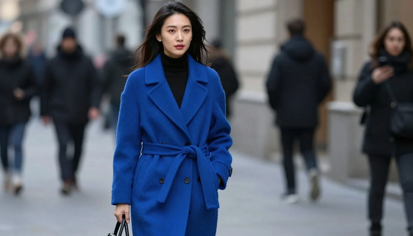 How to wear best coat colors for bright winter — pairing true black, black and white contrast, ink black near the face