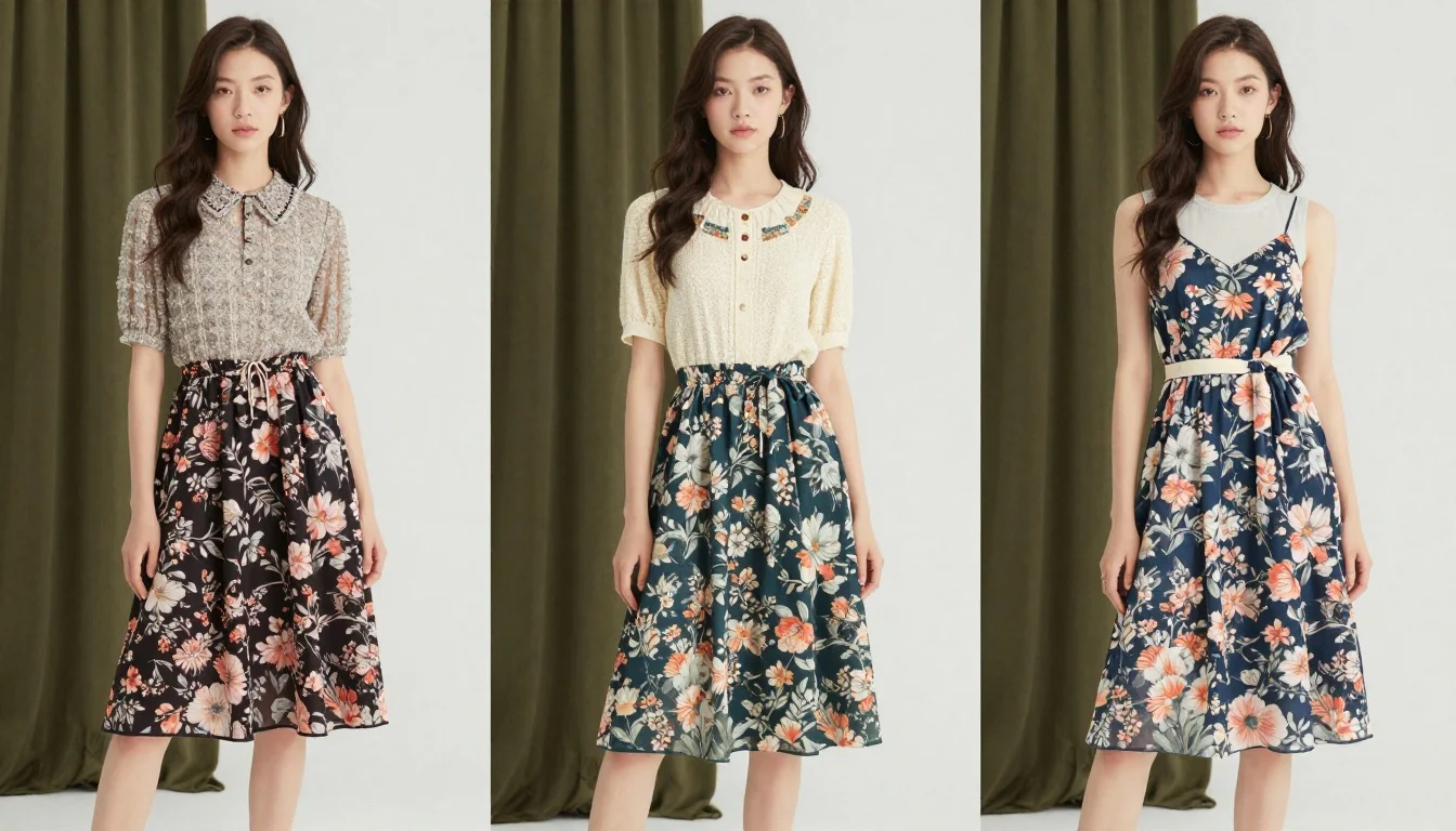 How to wear best floral prints for pale skin | colorways that flatter — pairing deep navy background with white and blush flowers, rich burgundy ground with ivory and rose blooms, dark forest green with white botanical prints near the face