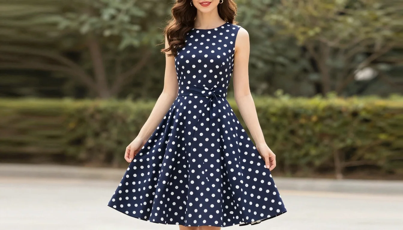 How to wear: Best Polka Dot Colors for Brunettes How to wear best polka dot colors for brunettes — pairing navy with cream dots, navy with coral dots, dark blue with gold dots near the face