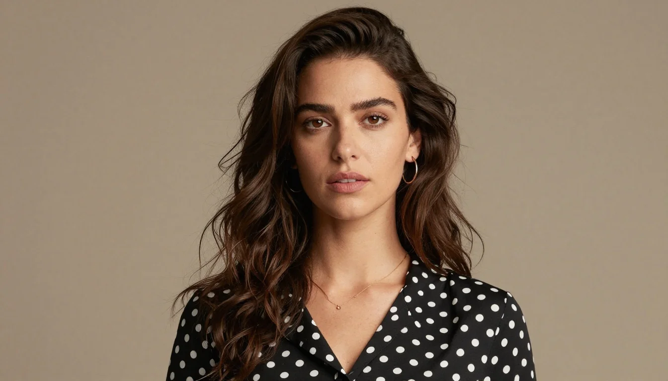 Best Polka Dot Colors for Brunettes Best Polka Dot Colors for Brunettes — flattering shades including navy with cream dots, navy with coral dots, dark blue with gold dots, navy with warm white dots