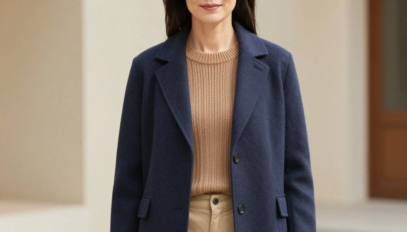 How to wear capsule wardrobe colors for women over 50 — pairing rich navy, warm taupe, camel near the face