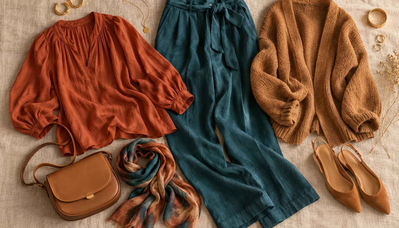 How to wear: Blonde Haare und braune Augen: beste Farben Flatlay mit Outfits in Terrakotta, Petrol und Karamell und goldenem Schmuck