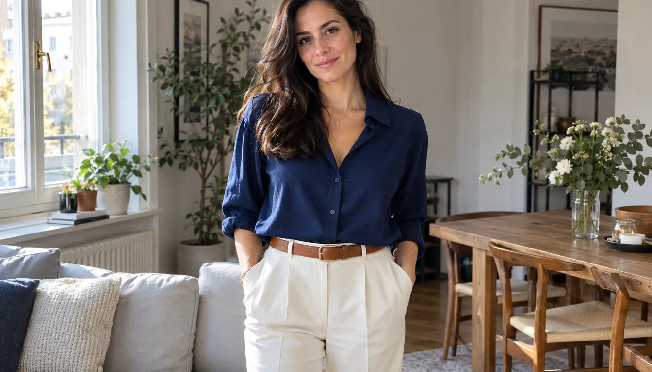 How to wear: Farben für dunkle Haare und braune Augen Outfit in Saphirblau, Cognac und Elfenbein für dunkle Haare und braune Augen