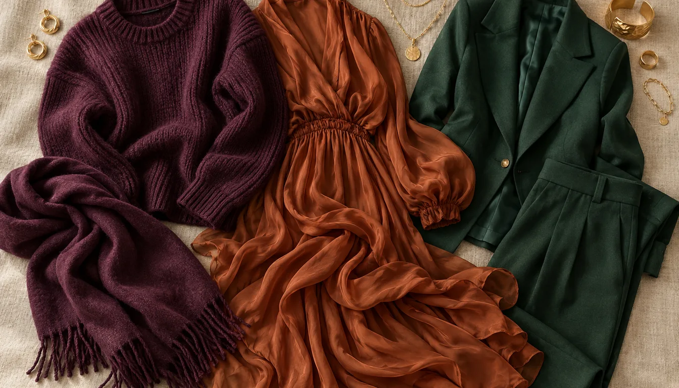 How to wear: Dunkle Haare, haselnussbraune Augen: Farben Flatlay mit Outfits in Pflaume, Kupfer und Waldgrün und goldenem Schmuck