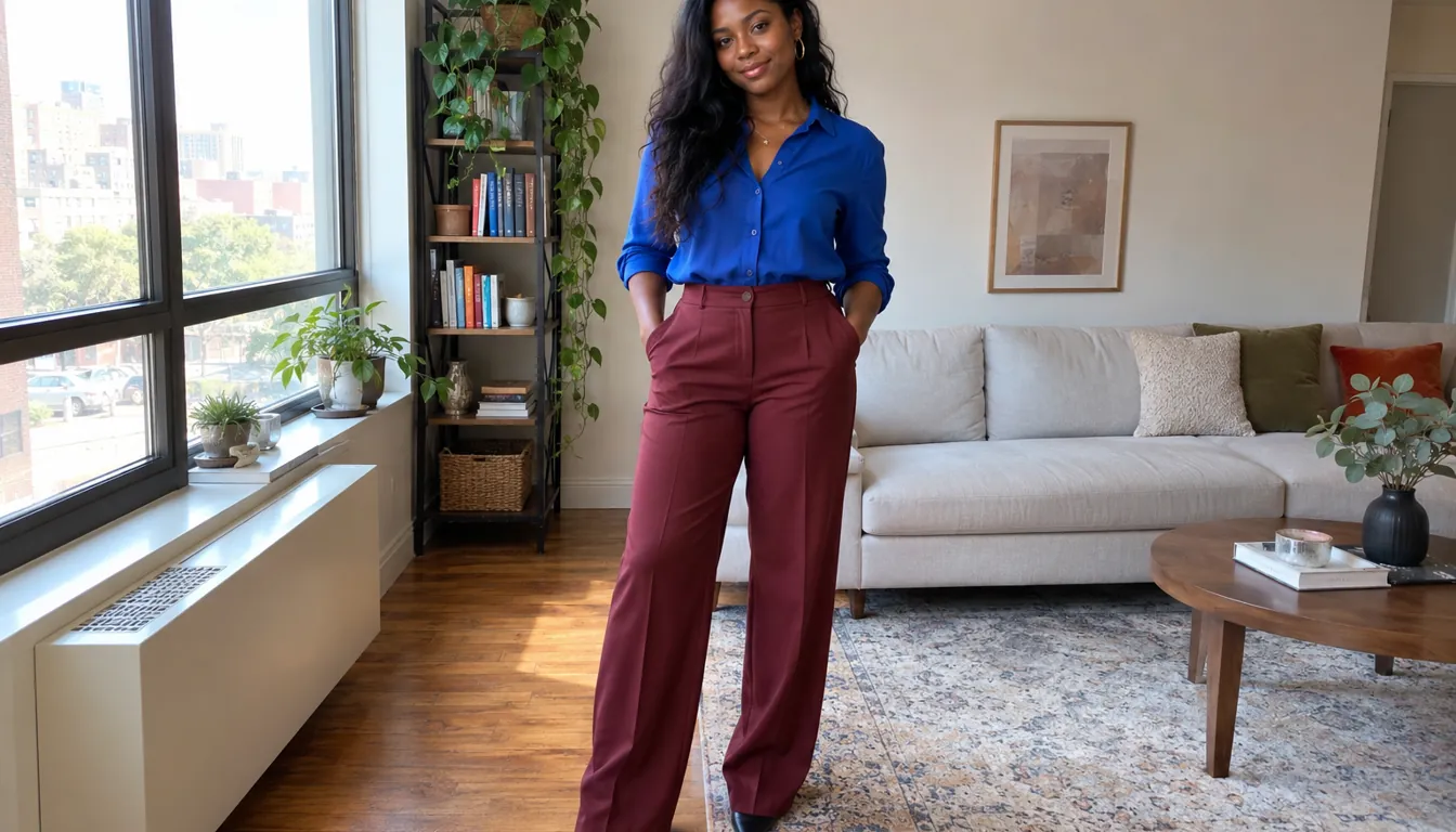 How to wear: Beste Farben für dunkle Haut Outfit mit königsblauer Bluse und burgunderfarbener Hose für dunkle Haut