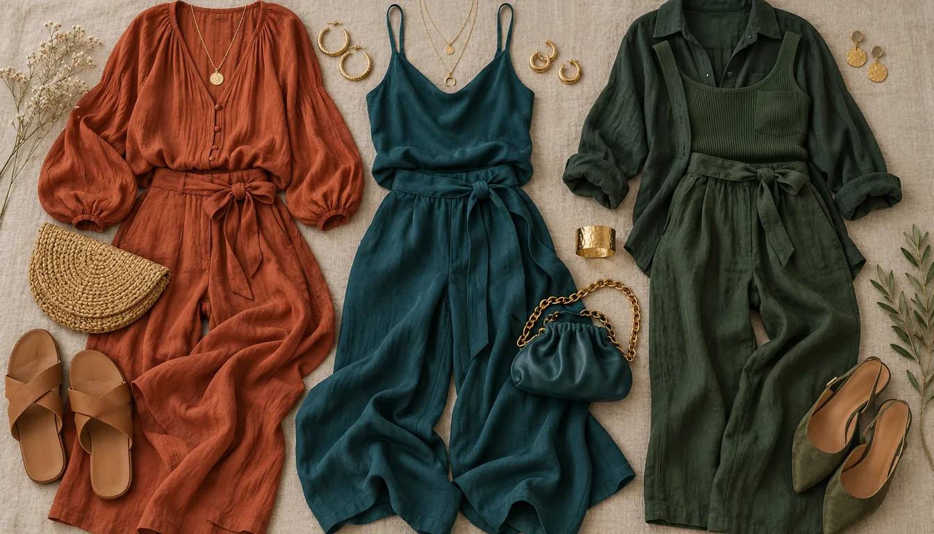 How to wear: Kastanienrote Haare, blaue Augen: Farben Flatlay mit Outfits in Terrakotta, Petrol und Waldgrün und Goldschmuck