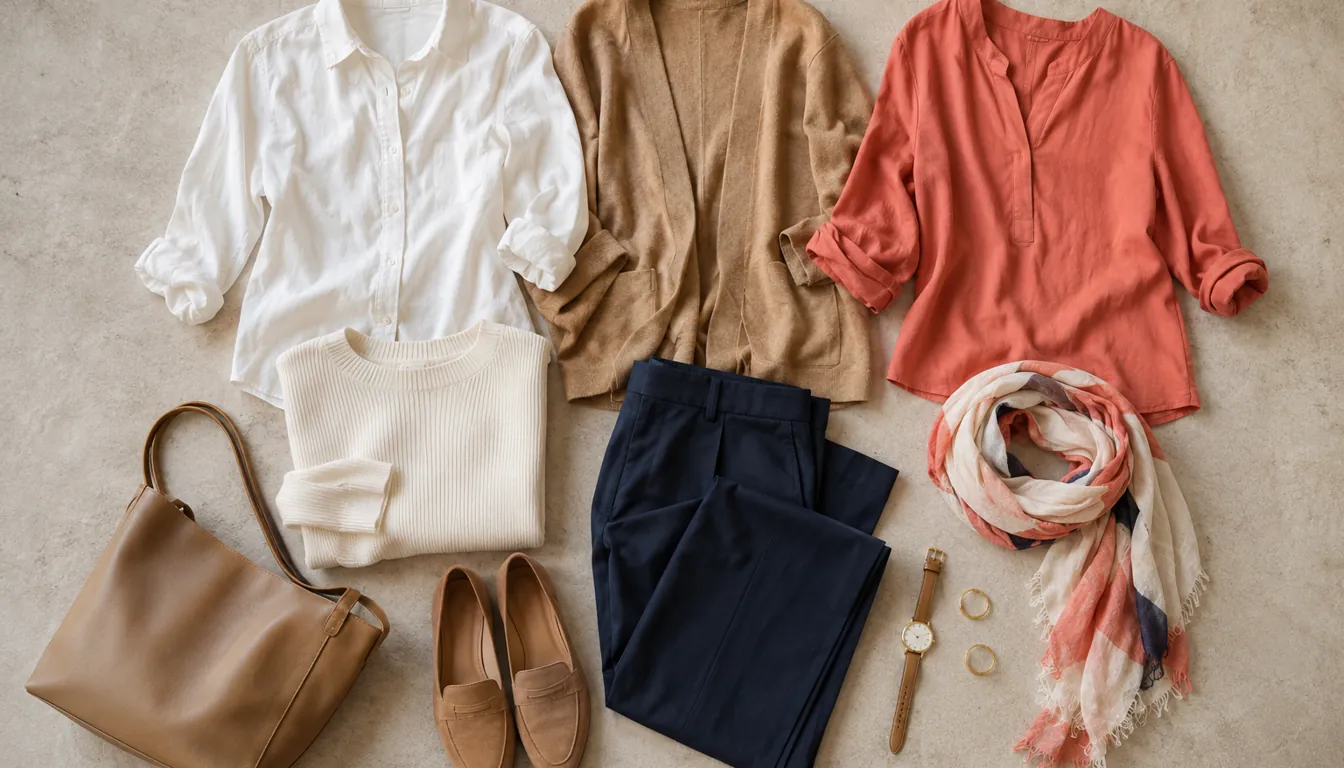 How to wear: Capsule Wardrobe für helle Haut Capsule Wardrobe in Elfenbein, Camel, Navy und Koralle flach ausgelegt für helle Haut