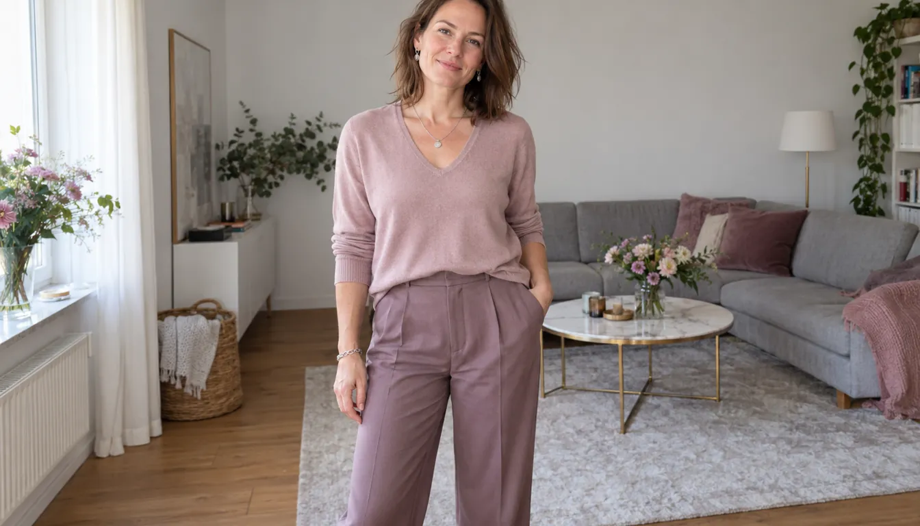 How to wear: Capsule Wardrobe für den kühlen Sommertyp Ton-in-Ton-Outfit in Altrosa und Mauve mit Silberschmuck für den kühlen Sommertyp