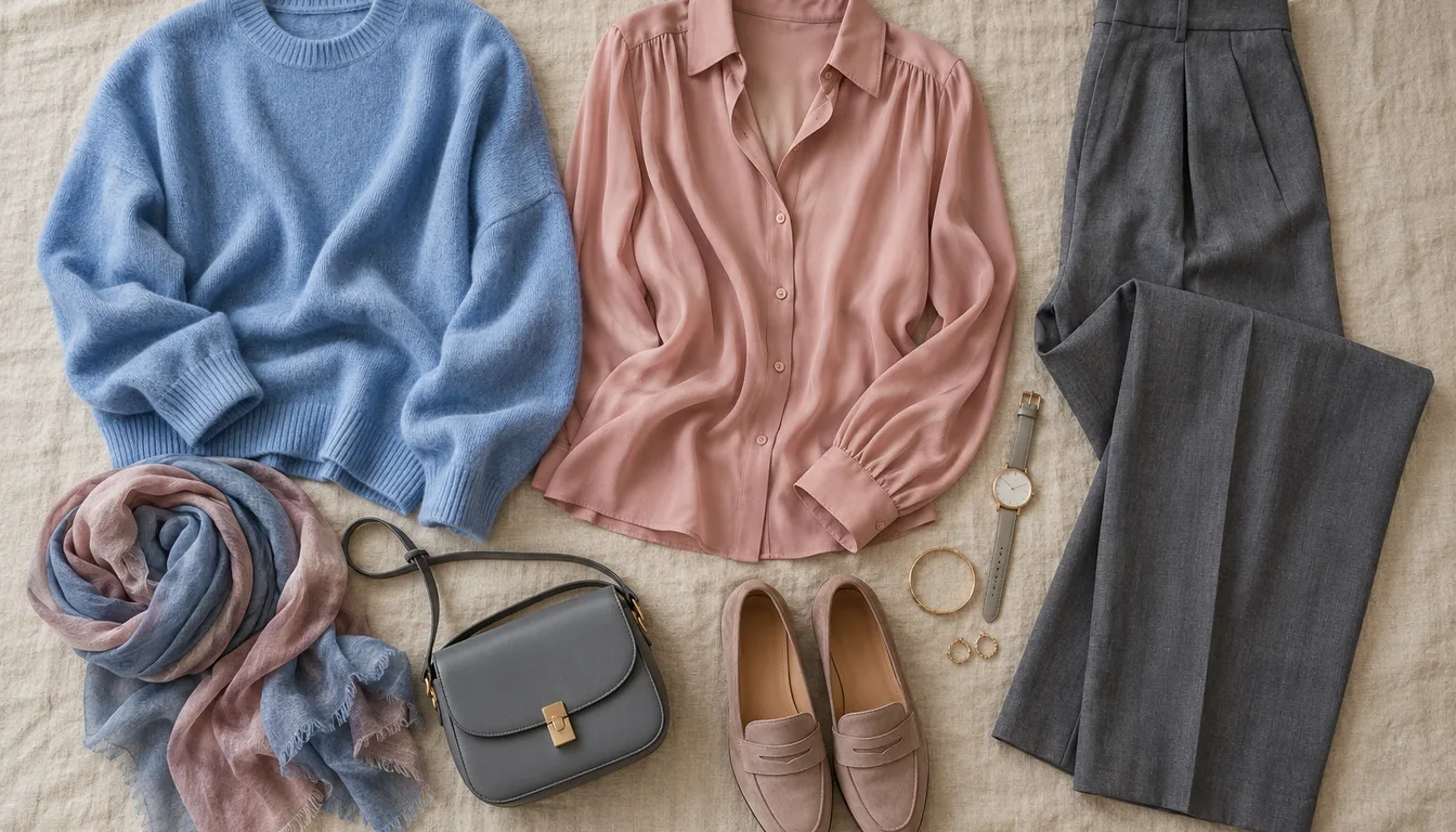 How to wear: Diese Farben sollten Blonde meiden Flatlay mit Outfits in Kornblumenblau, Altrosa und Schiefergrau für Blonde