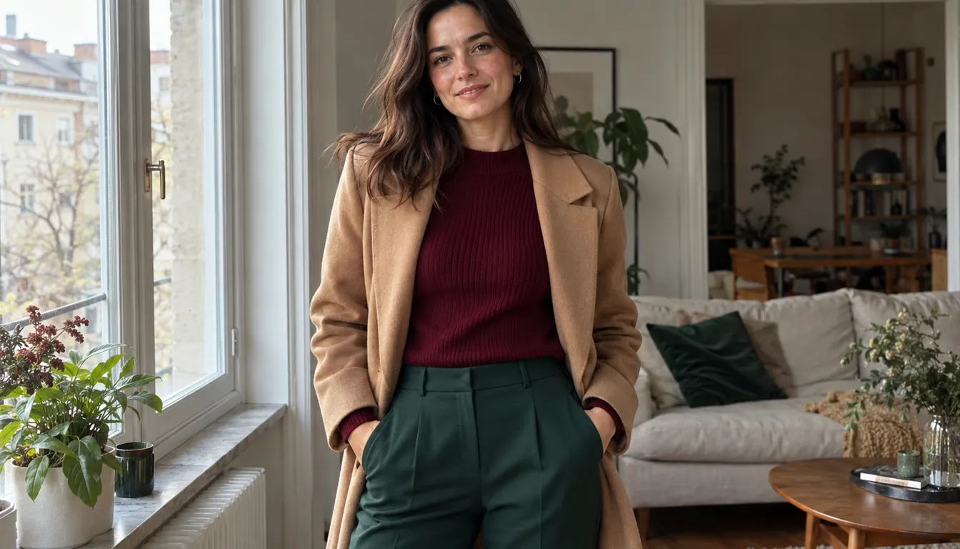 How to wear: Farben, die Brünetten am besten stehen Outfit in Burgunder, Camel und Smaragd für Brünette