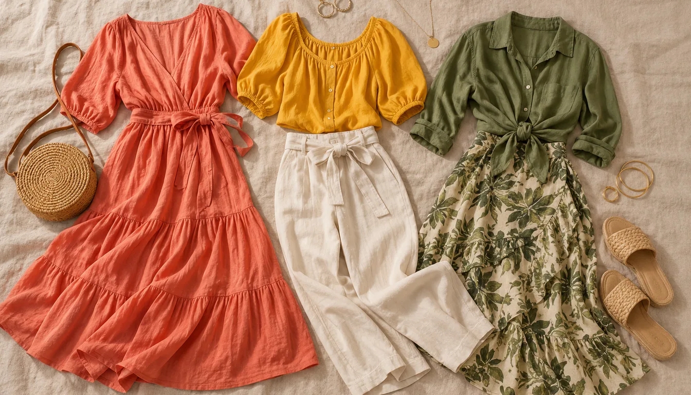 How to wear: Frühlingsfarben für olivfarbene Haut Flatlay mit Frühlingsoutfits in Koralle, Goldgelb und warmem Grün und Goldschmuck