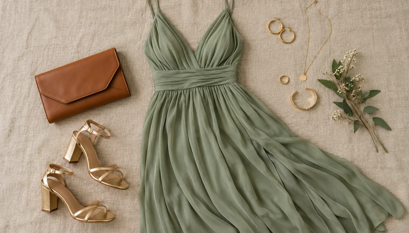 How to wear: Hochzeitsgast-Outfit für den Sanften Herbst Flatlay mit salbeigrünem Kleid, Clutch in Cognac, goldenen Sandaletten und Goldschmuck