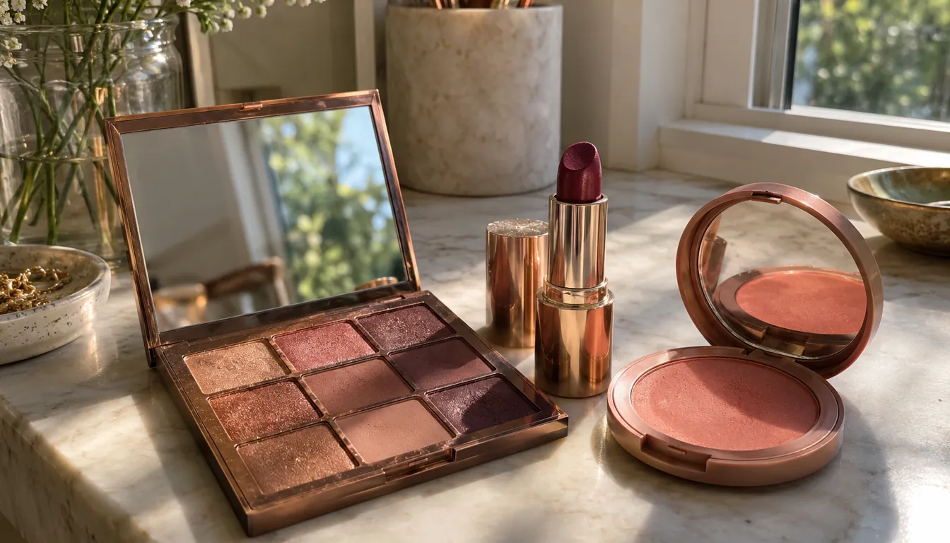 How to wear: Make-up für helle Haut und grüne Augen Lidschattenpalette in Kupfer und Mauve, beerenfarbener Lippenstift und Pfirsich-Rouge