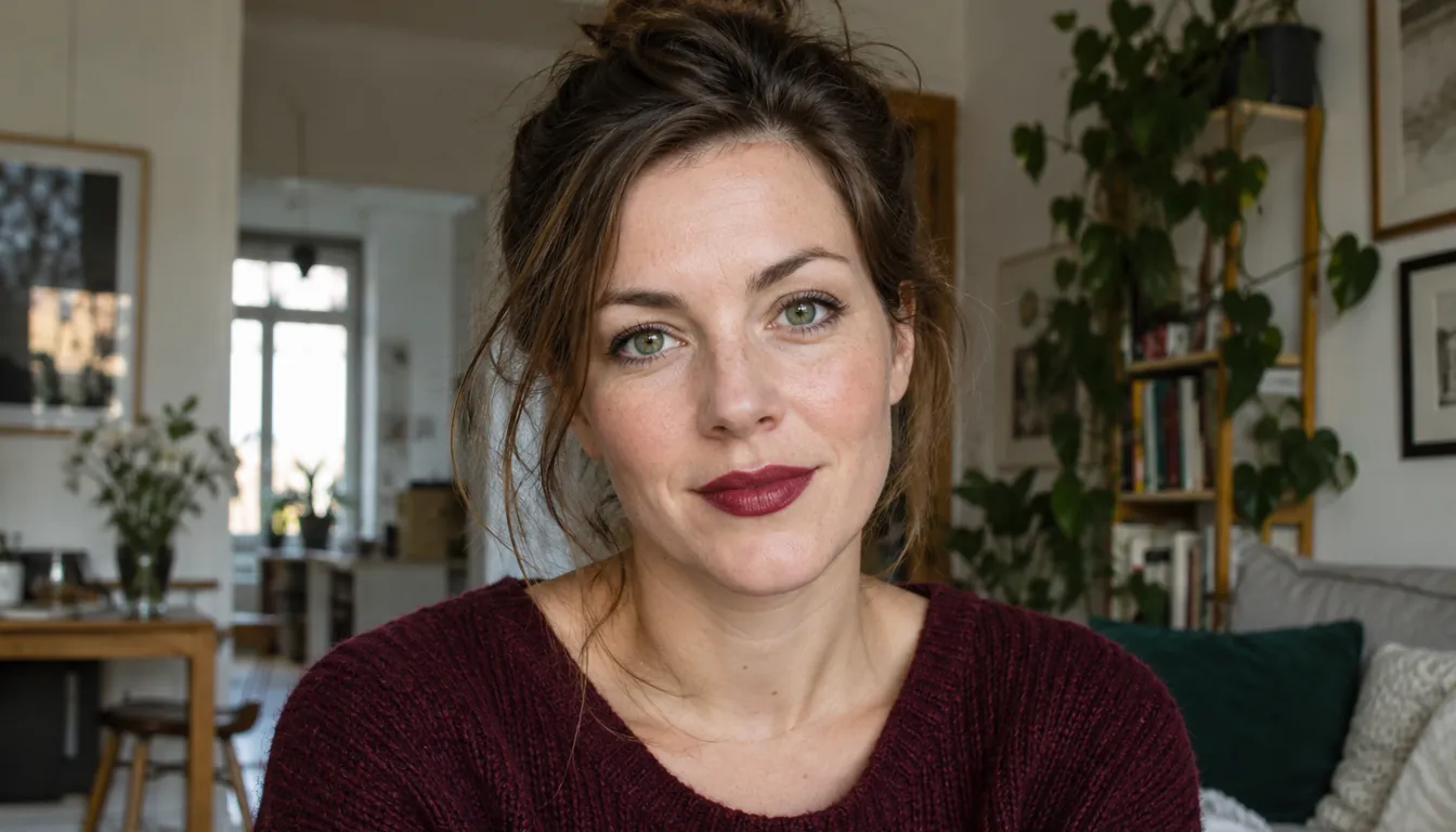Make-up für helle Haut und grüne Augen Frau mit heller Haut und grünen Augen mit weinrotem Lippenstift und Mascara