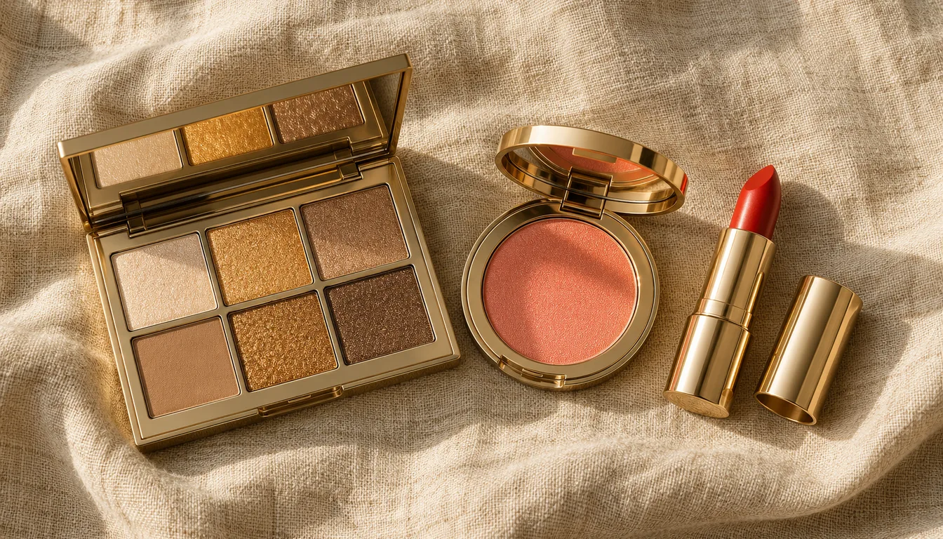 How to wear: Make-up für den Warmen Frühling Flatlay mit goldener Lidschattenpalette, Korallrouge und tomatenrotem Lippenstift