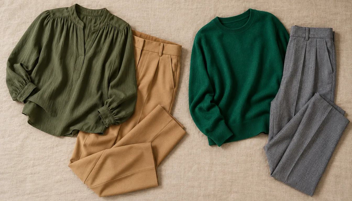 Flatlay mit olivgrünem Outfit zu Camel und smaragdgrünem Outfit zu Grau
