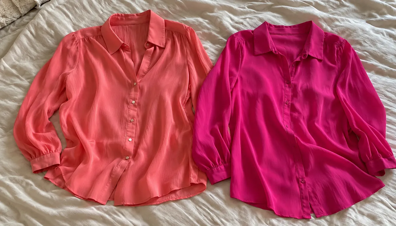 Bluse in Korallrosa und Bluse in kühlem Fuchsia nebeneinander auf einem Bett