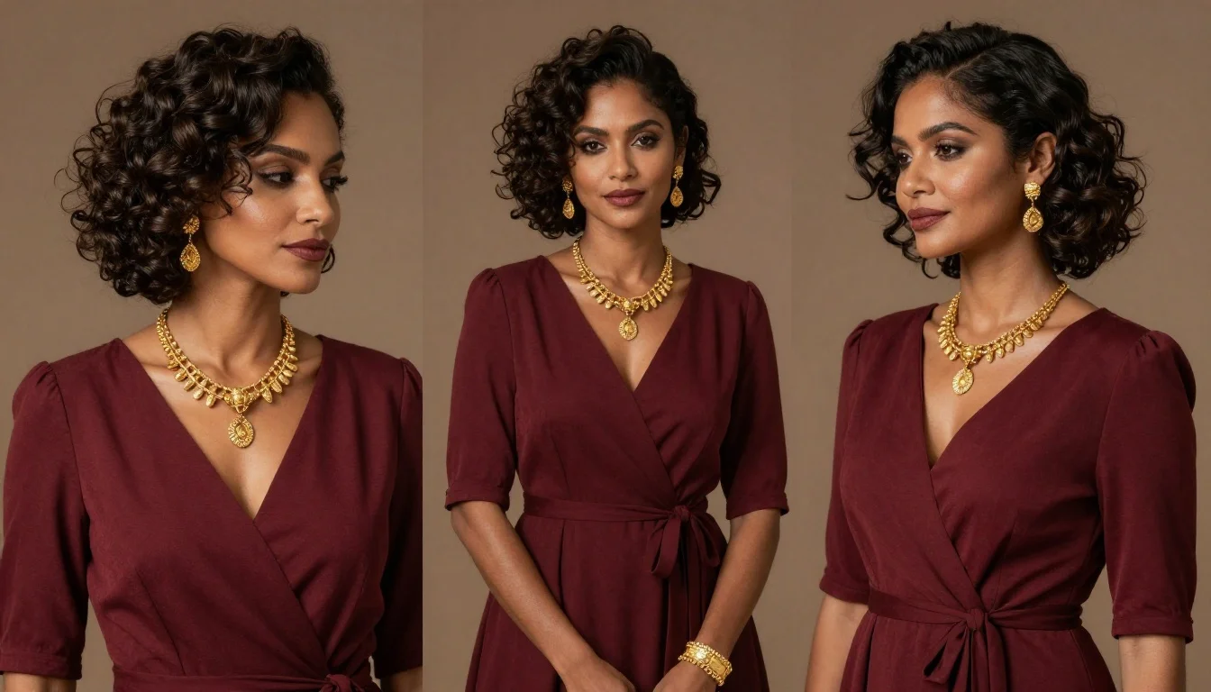 How to wear: Deep Autumn Wedding Guest Outfit How to wear deep autumn wedding guest outfit — pairing #722f37, #355e3b, #8b4513 near the face