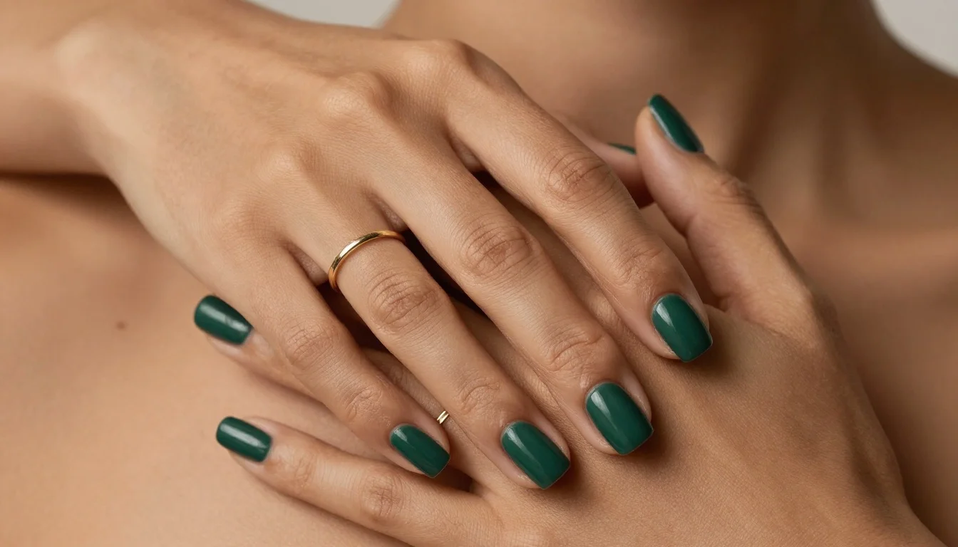 Colores de Uñas para Piel Morena: Guía 2026 Colores de Uñas para Piel Morena: Guía 2026 — flattering shades including esmeralda profundo, burdeos-ciruela rico, azul zafiro cálido, verde bosque profundo