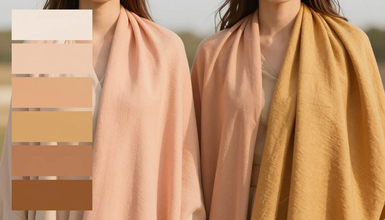 How to wear: Colorimétrie : Printemps ou Automne ? How to wear colorimétrie : printemps ou automne ? — pairing pêche chaude, jaune doré, corail clair near the face