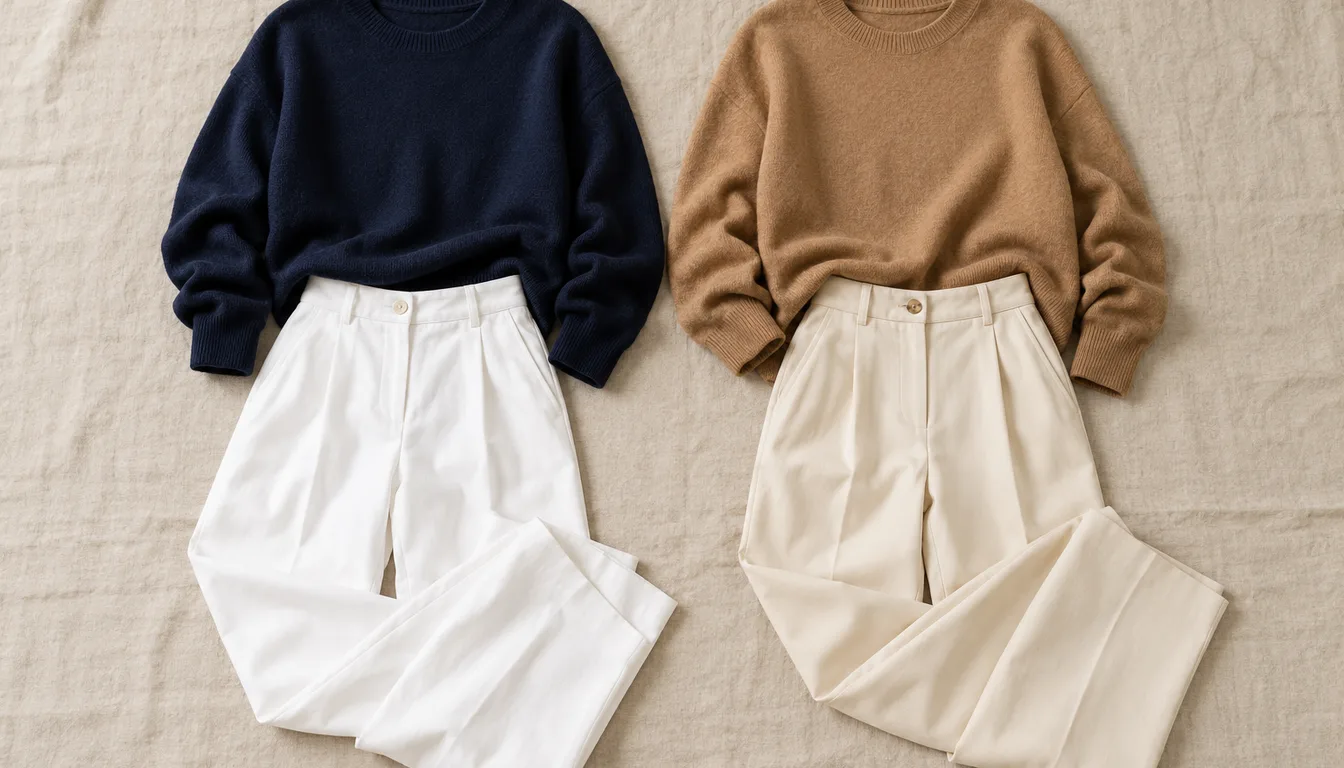 How to wear: Contraste fort ou faible : ce que ça change Deux tenues posées à plat : marine et blanc contrastés, camel et crème ton sur ton