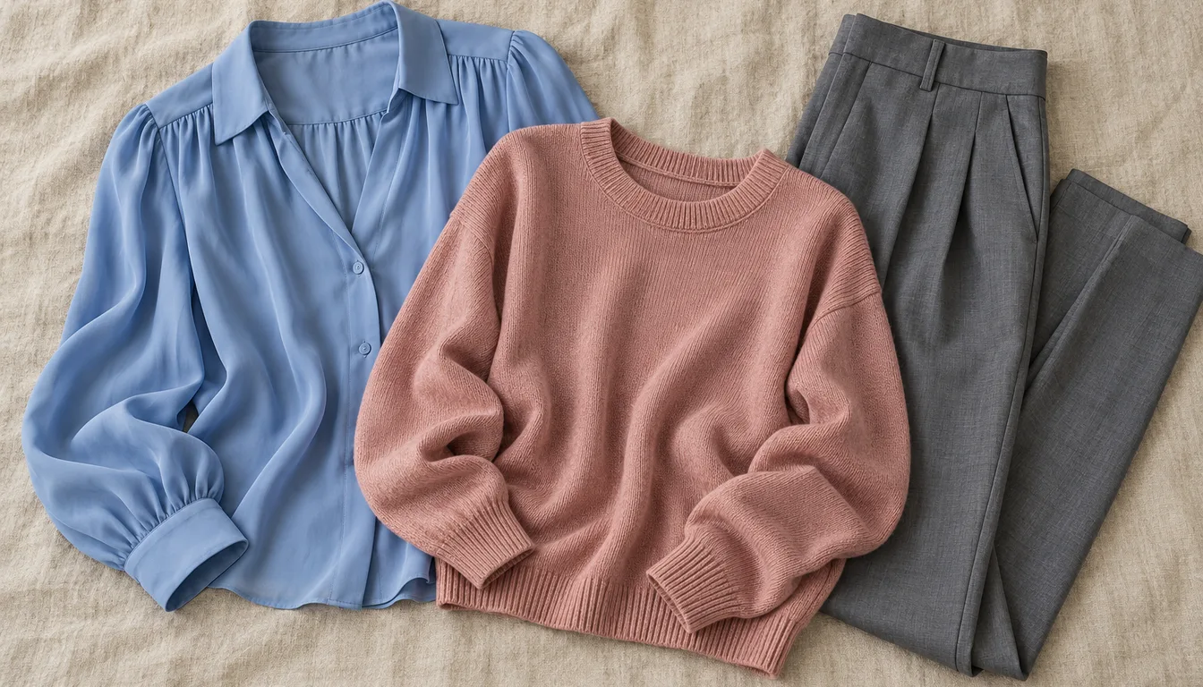 Tenues bleu bleuet, vieux rose et ardoise posées à plat pour une blonde