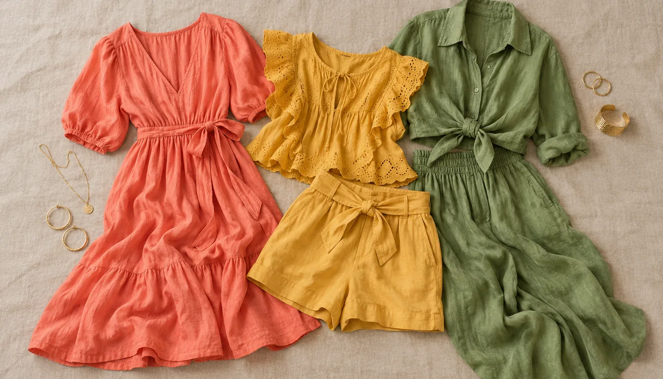 How to wear: Couleurs de printemps pour peau mate Tenues de printemps corail, jaune doré et vert chaud posées à plat avec bijoux dorés