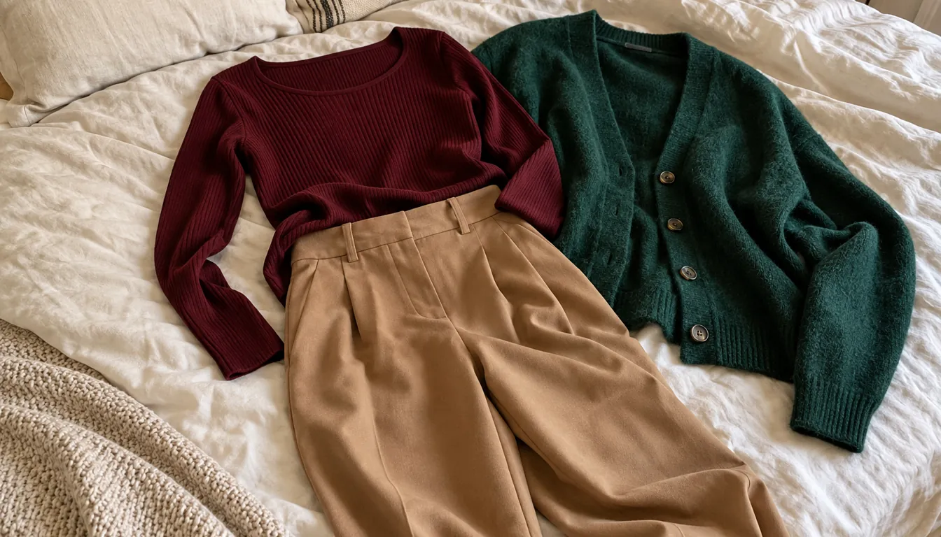 How to wear: Les couleurs qui vont le mieux aux brunes Tenue bordeaux, camel et émeraude posée sur un lit pour une femme brune