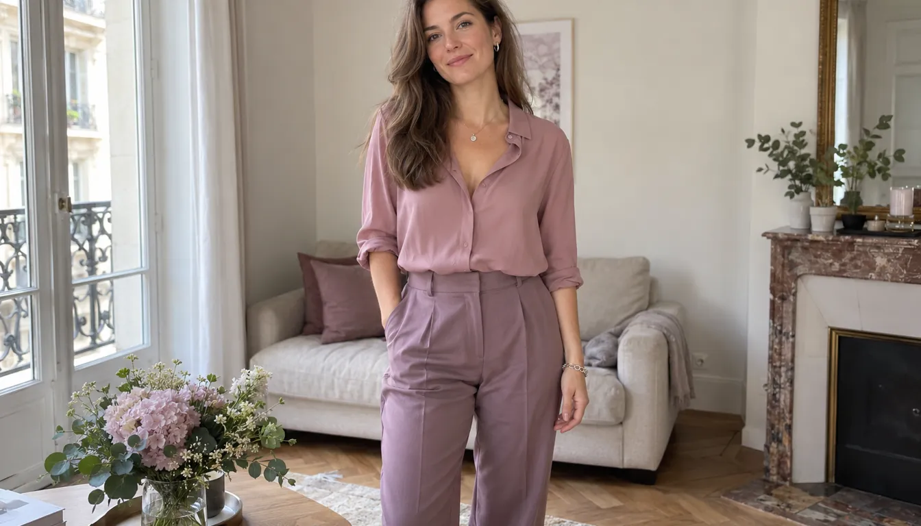 How to wear: Garde-robe capsule Été Froid Tenue ton sur ton en vieux rose et mauve avec bijoux argentés pour un Été Froid