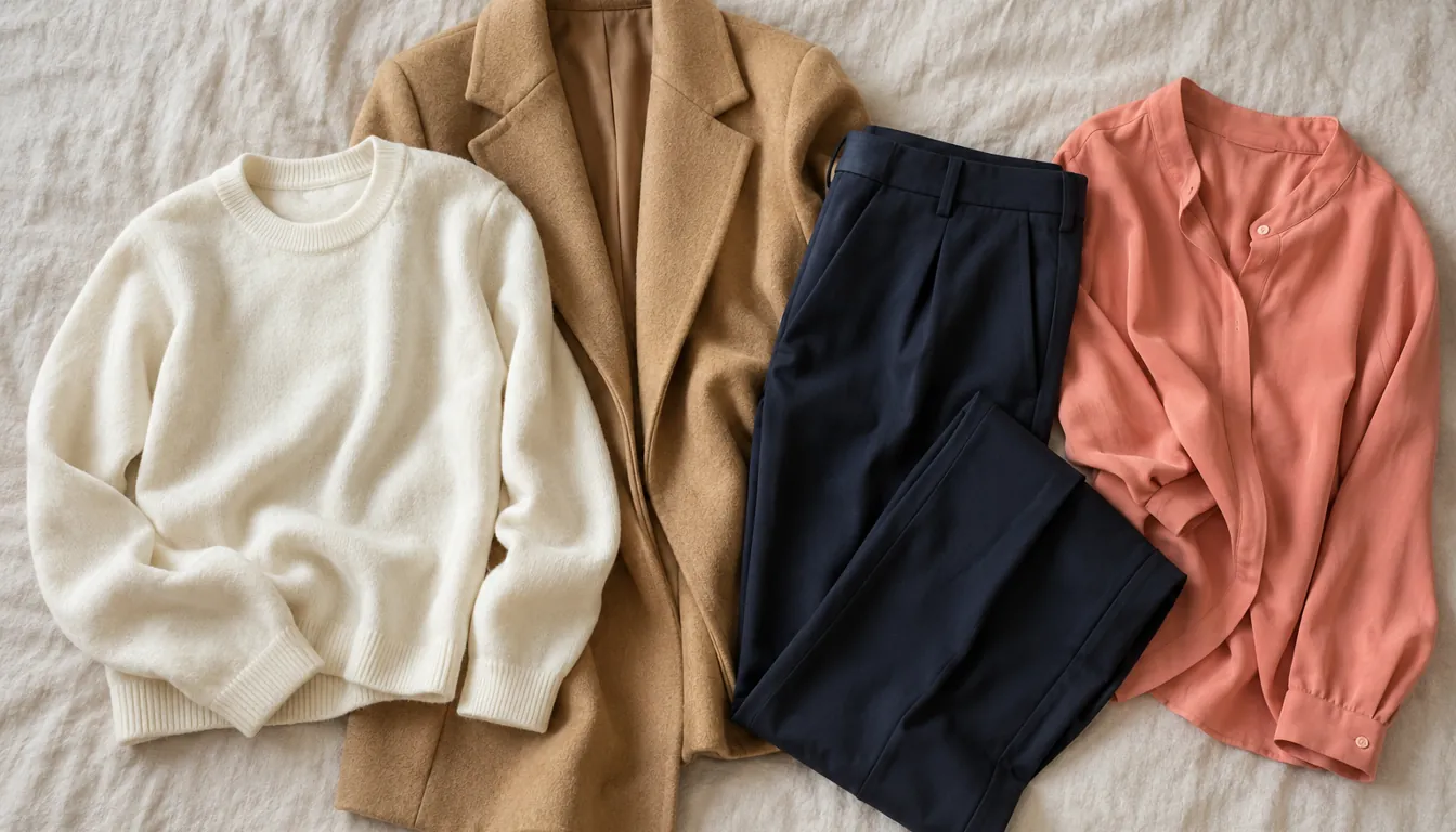 How to wear: Garde-robe capsule pour peau claire Capsule en ivoire, camel, marine et corail doux posée à plat pour une peau claire