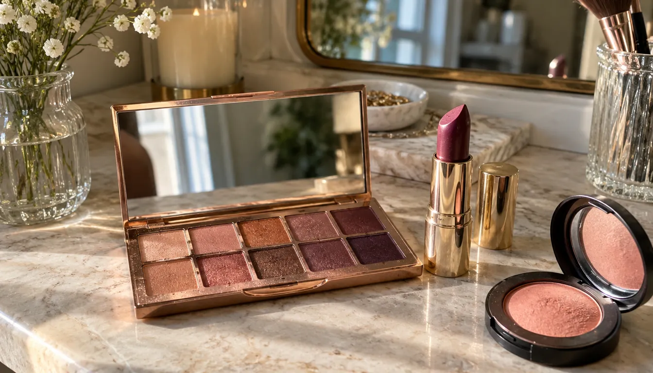 How to wear: Maquillage peau claire et yeux verts Palette de fards cuivre et mauve, rouge à lèvres baie et blush pêche sur une coiffeuse
