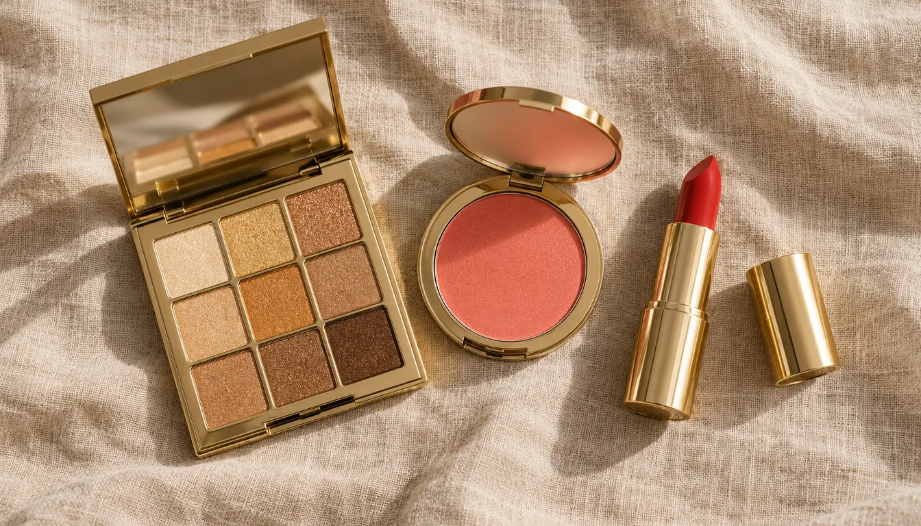 How to wear: Maquillage Printemps Chaud : tes couleurs Palette de fards dorés, blush corail et rouge à lèvres tomate posés à plat