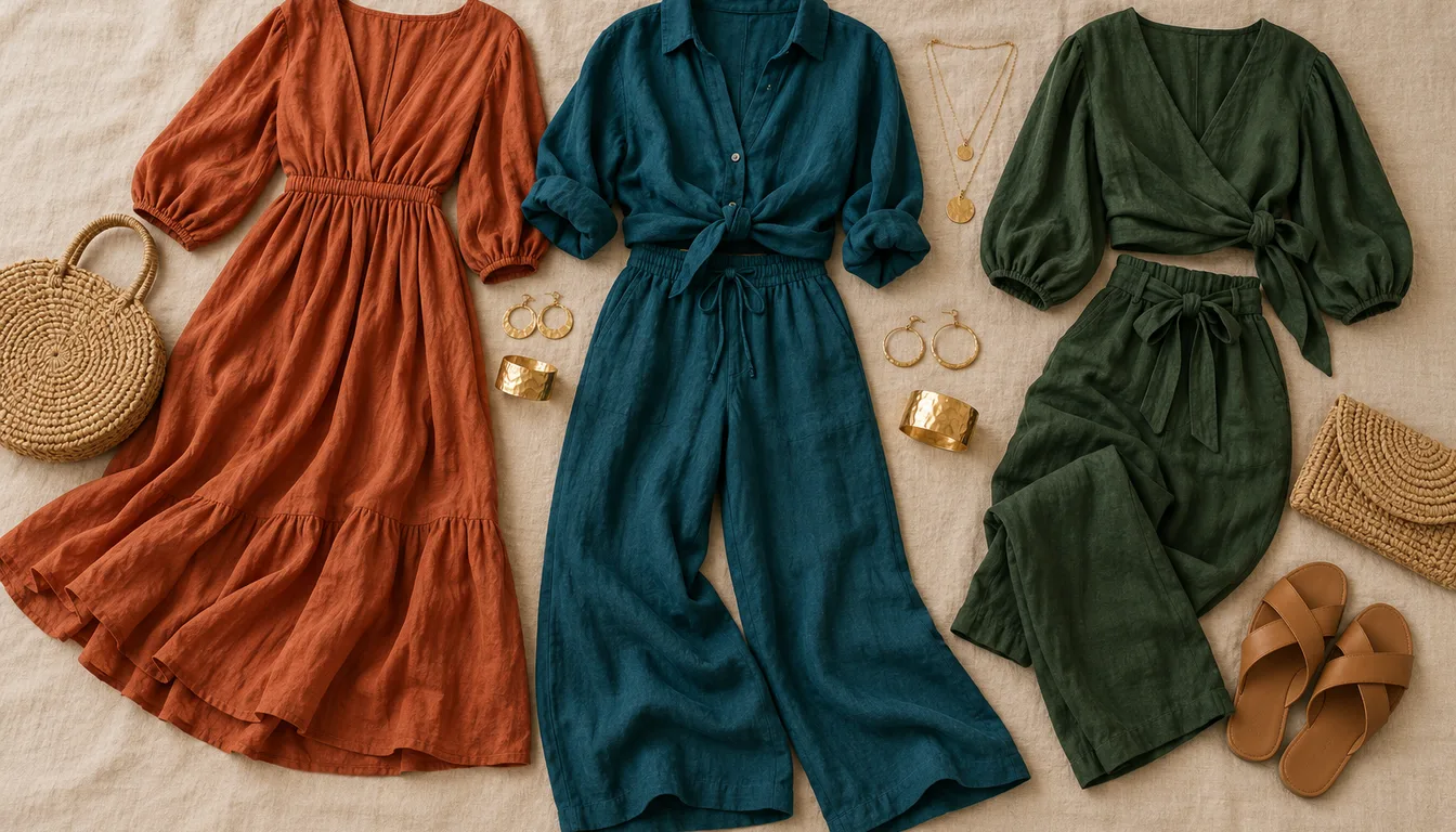 Tenues terre cuite, bleu canard et vert forêt posées à plat avec bijoux dorés