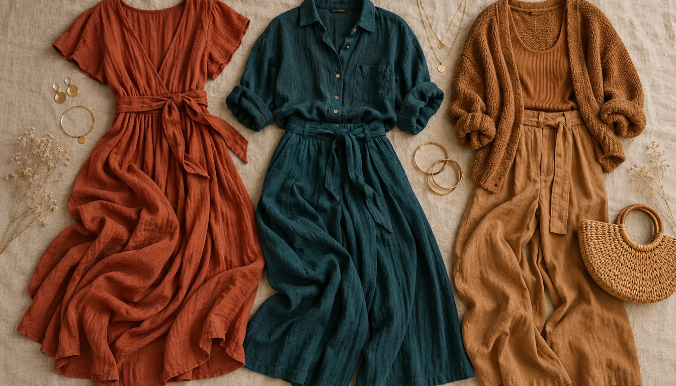 How to wear: Cheveux blonds et yeux marron : couleurs Tenues terre cuite, bleu canard et caramel posées à plat avec bijoux dorés