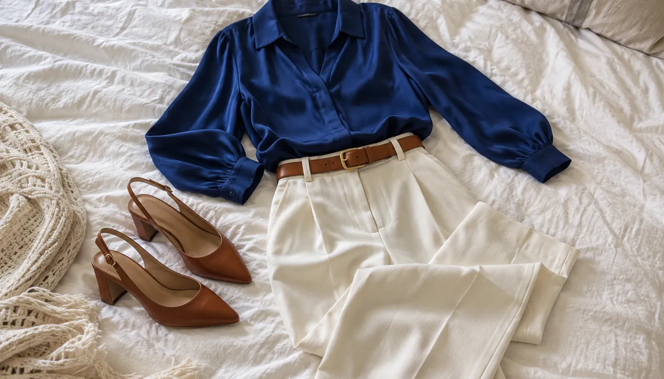 Tenue en bleu saphir, cognac et ivoire posée sur un lit, pour cheveux foncés et yeux marron