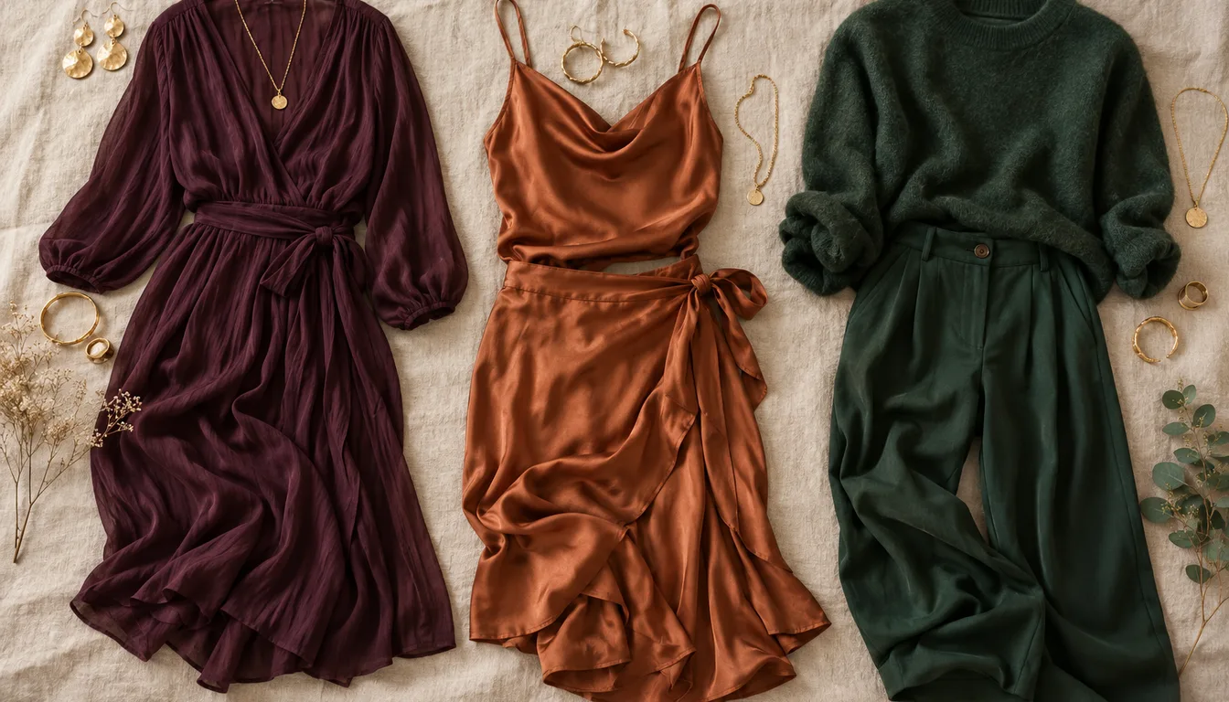 Tenues prune, cuivre et vert forêt posées à plat avec bijoux dorés