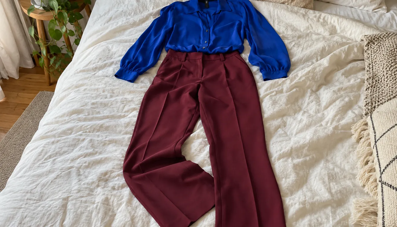 How to wear: Couleurs pour peau noire et peau foncée Tenue avec blouse bleu roi et pantalon bordeaux posée sur un lit pour peau foncée
